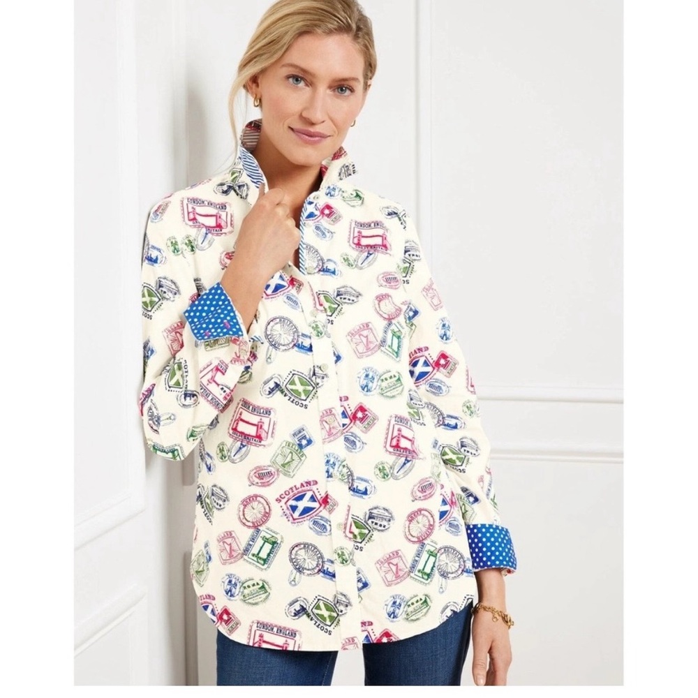 Talbots White Button-Down Shirt with Red and Blue Travel Prints